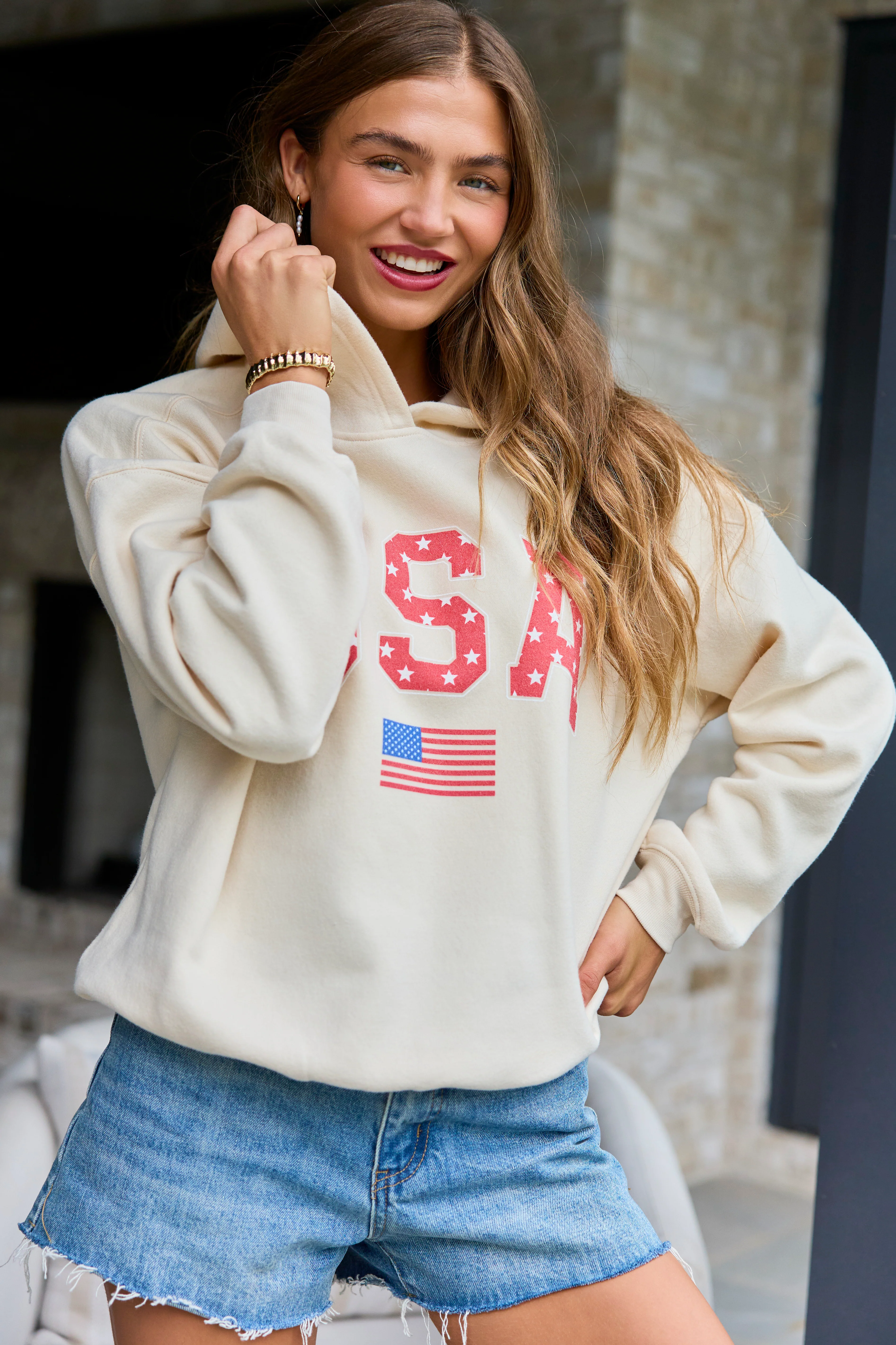 Athletic USA Flag Star Print Cream Graphic Hoodie - Image 3