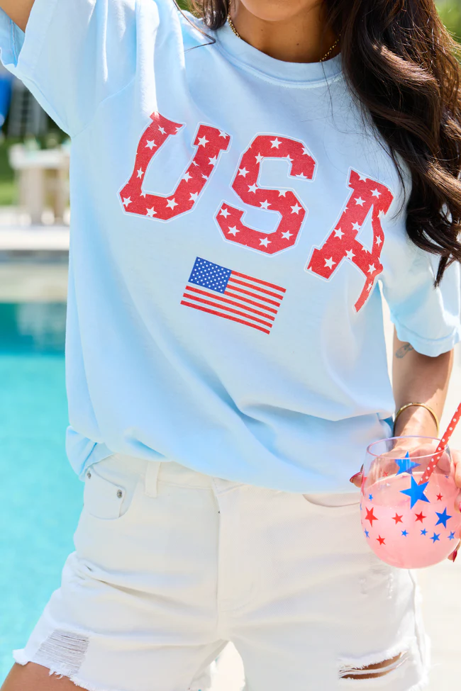 Athletic USA Flag Star Print Light Blue Comfort Colors Graphic Tee - Image 5