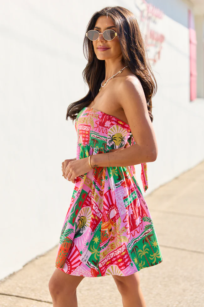 Calloway Multi Tropical Print Strapless Dress - Image 4