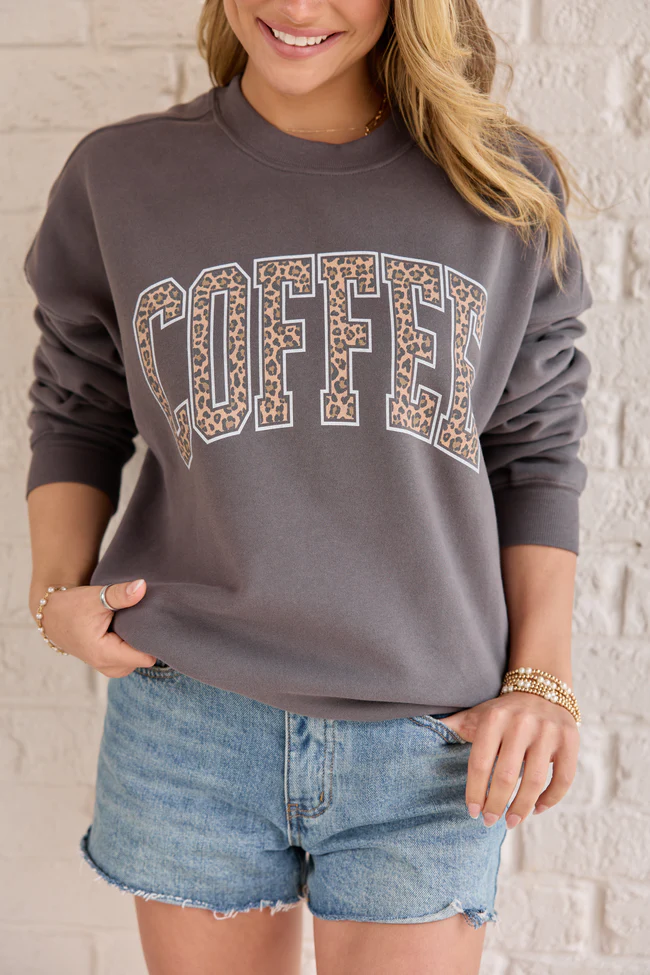 Coffee Leopard Print Dark Grey Graphic Sweatshirt - Image 2