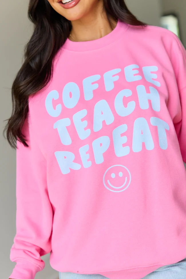 Coffee Teach Repeat Smiley Pink Graphic Sweatshirt - Image 2