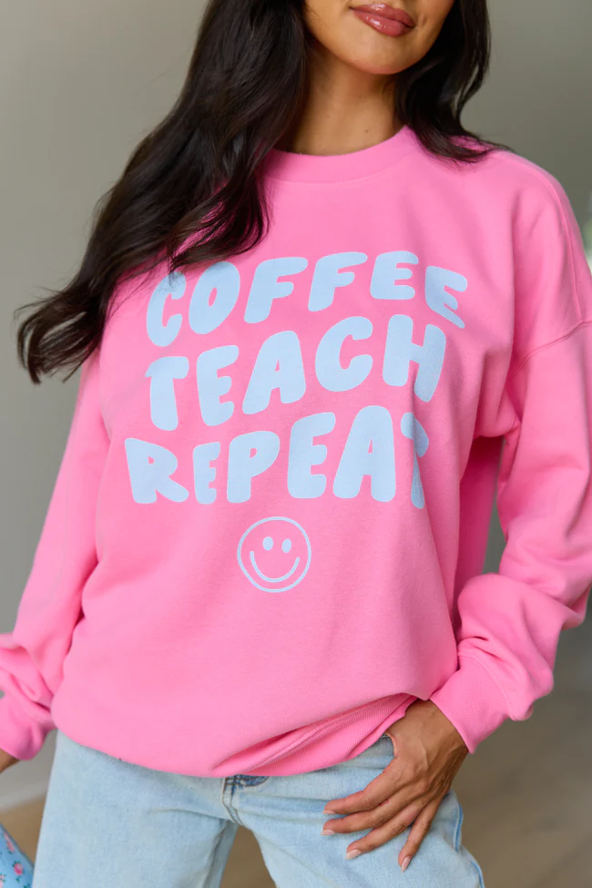 Coffee Teach Repeat Smiley Pink Graphic Sweatshirt - Image 3