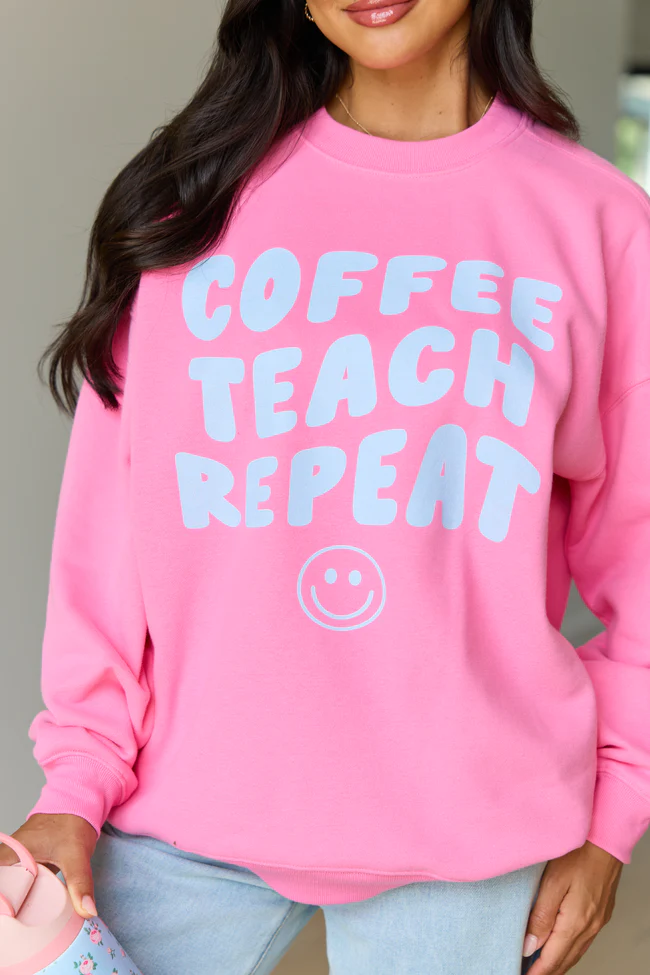 Coffee Teach Repeat Smiley Pink Graphic Sweatshirt - Image 4
