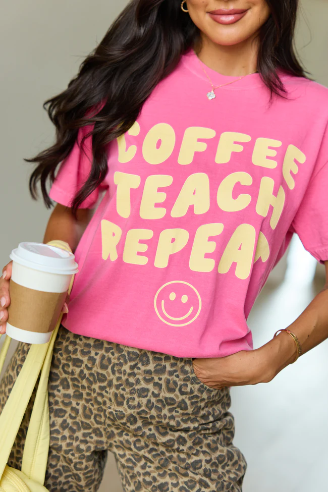 Coffee Teach Repeat Smiley Pink Graphic Tee - Image 2