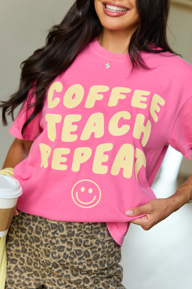 Coffee Teach Repeat Smiley Pink Graphic Tee - Image 4