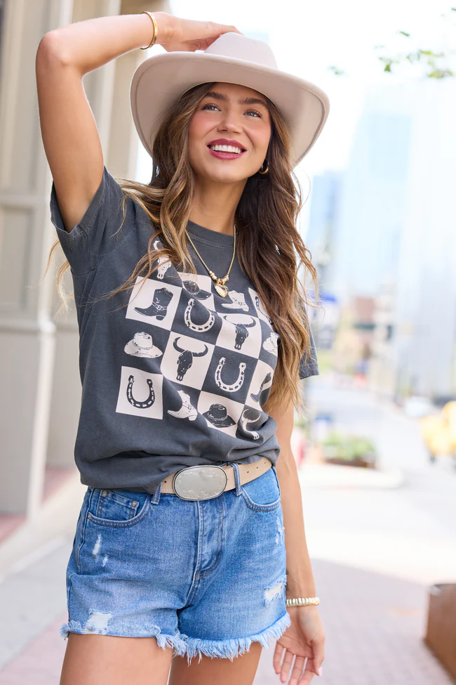 Country Checkered Dark Grey Comfort Colors Graphic Tee - Image 4