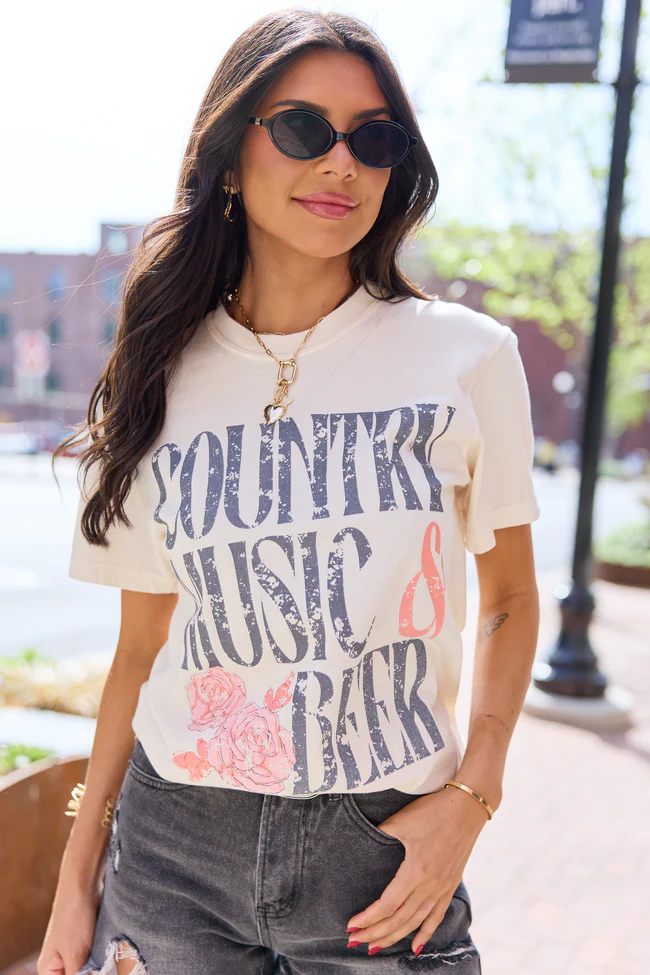 Country Music & Beer Ivory Comfort Colors Graphic Tee - Image 2