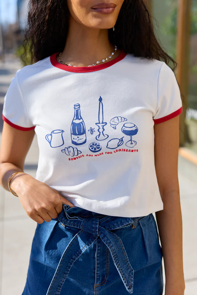 Croissants For Dinner White Graphic Cropped Tee SALE - Image 2