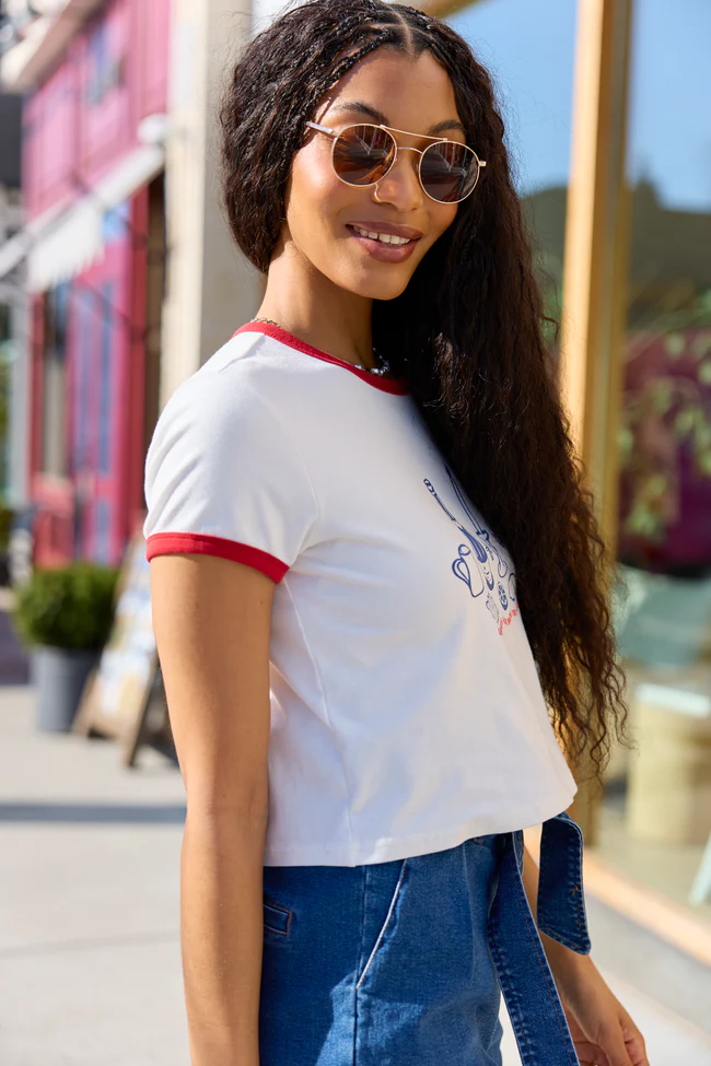 Croissants For Dinner White Graphic Cropped Tee SALE - Image 4