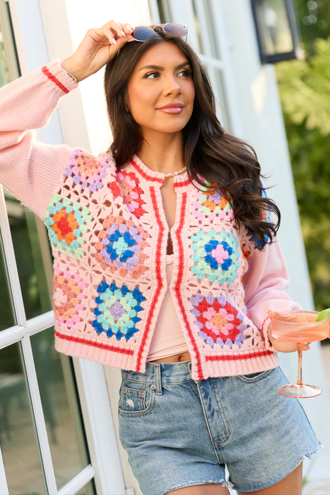 Emmie Pink Crochet Open Cardigan FINAL SALE - Image 2