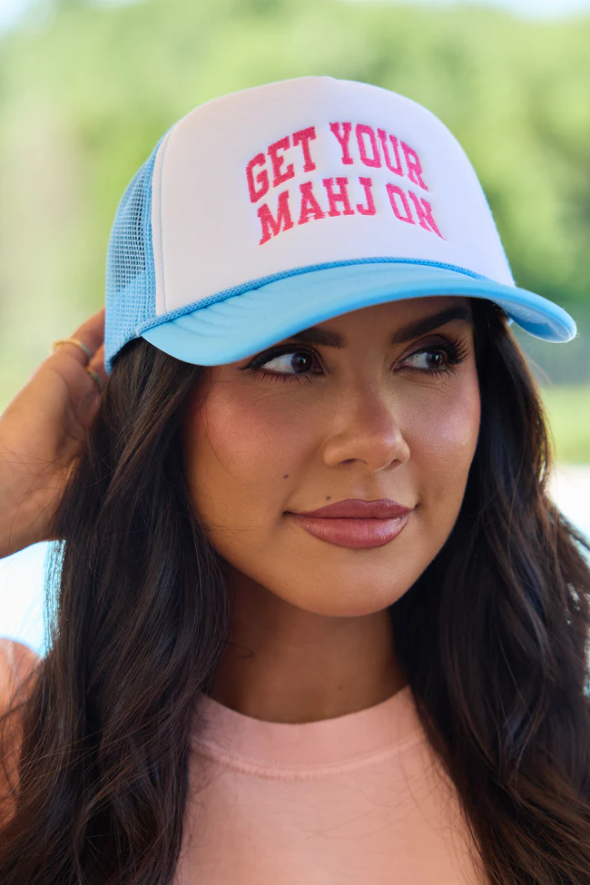 Get Your Mahj On White/Baby Blue Embroidered Trucker Hat