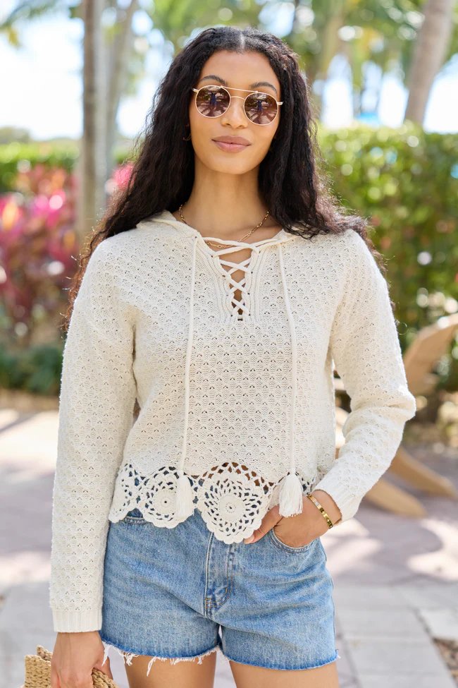Harrisyn Ivory Cropped Crochet V-Neck Hoodie SALE