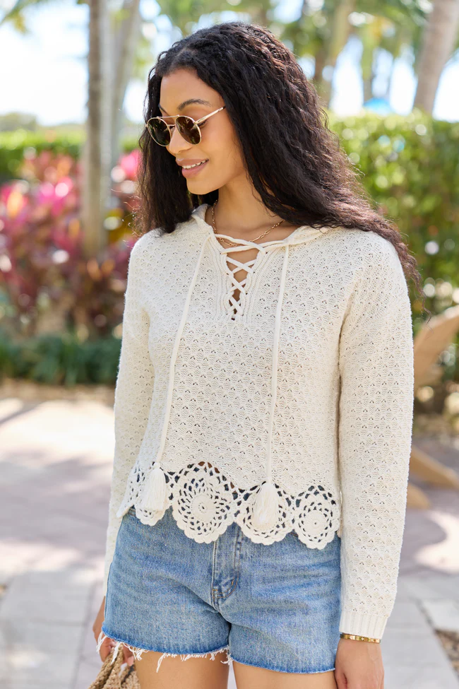 Harrisyn Ivory Cropped Crochet V-Neck Hoodie SALE - Image 3