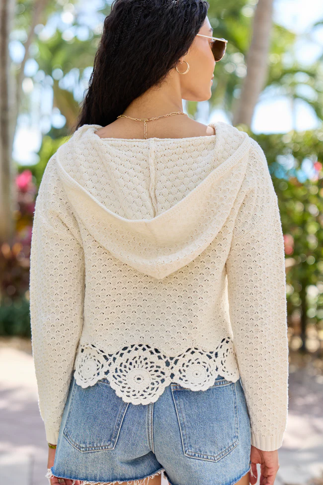 Harrisyn Ivory Cropped Crochet V-Neck Hoodie SALE - Image 5