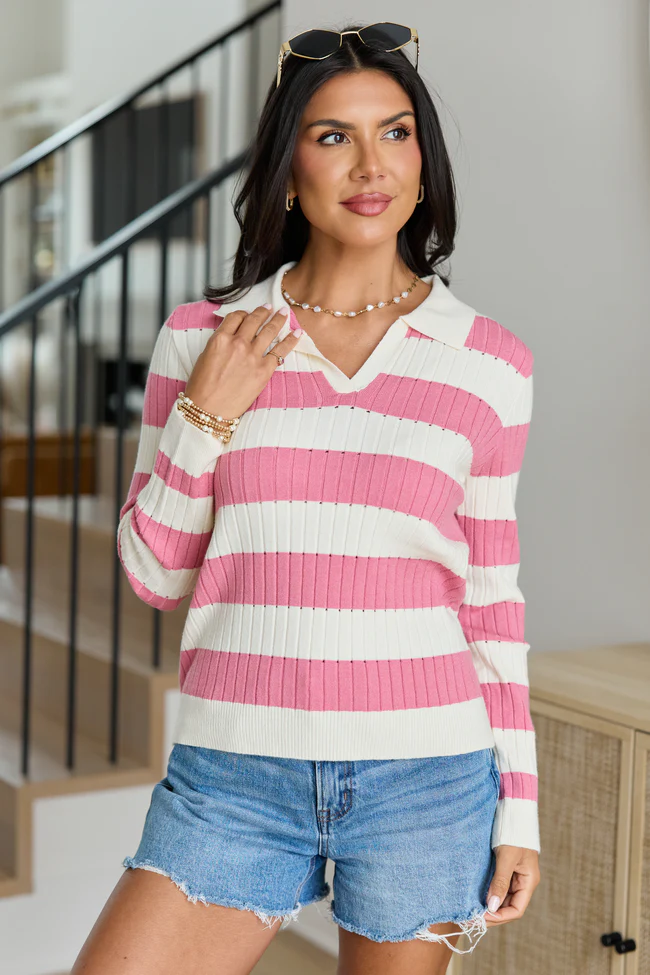 Hillary Pink Striped V-Neck Sweater SALE - Image 3