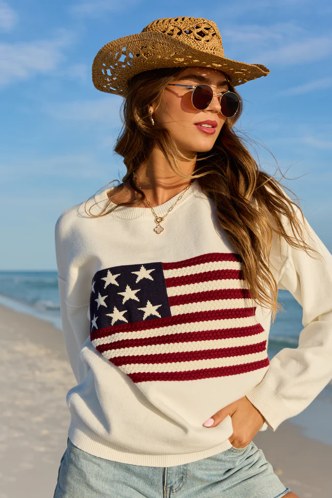 Home Of The Free Ivory Textured Flag Sweater SALE - Image 2