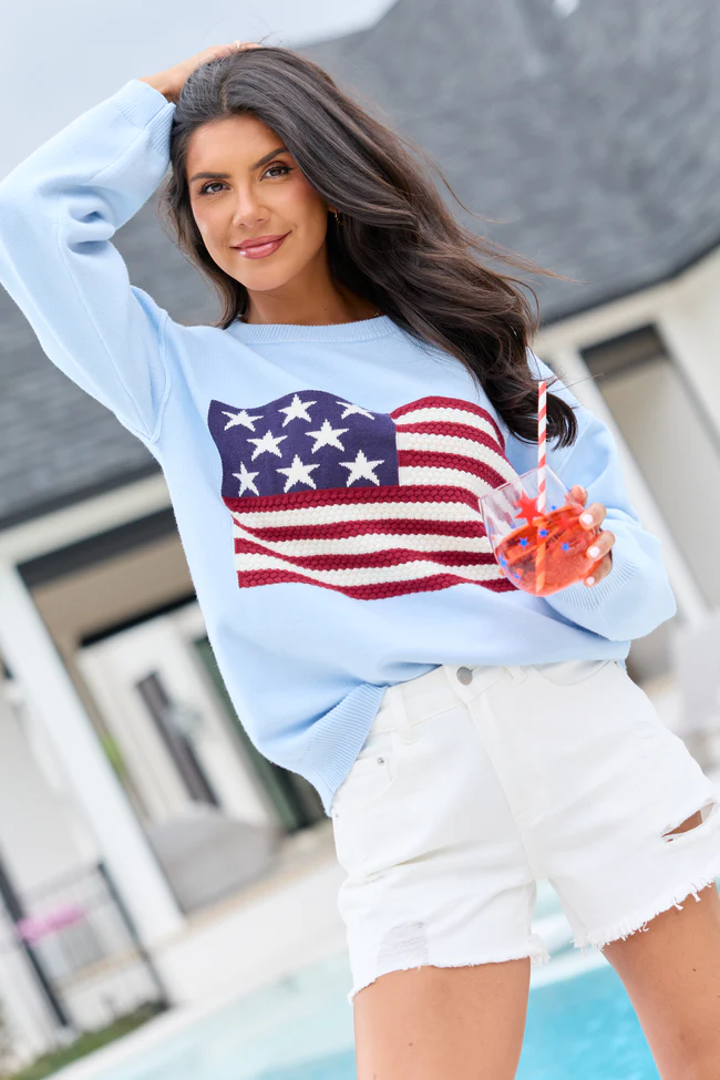 Home Of The Free Light Blue Textured Flag Sweater SALE - Image 2