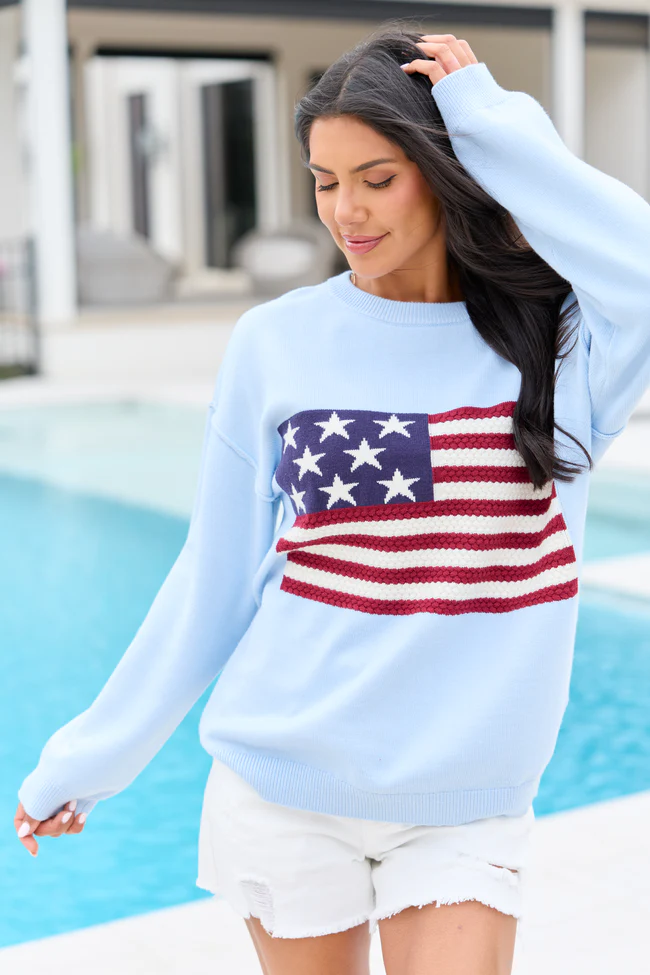 Home Of The Free Light Blue Textured Flag Sweater SALE - Image 5