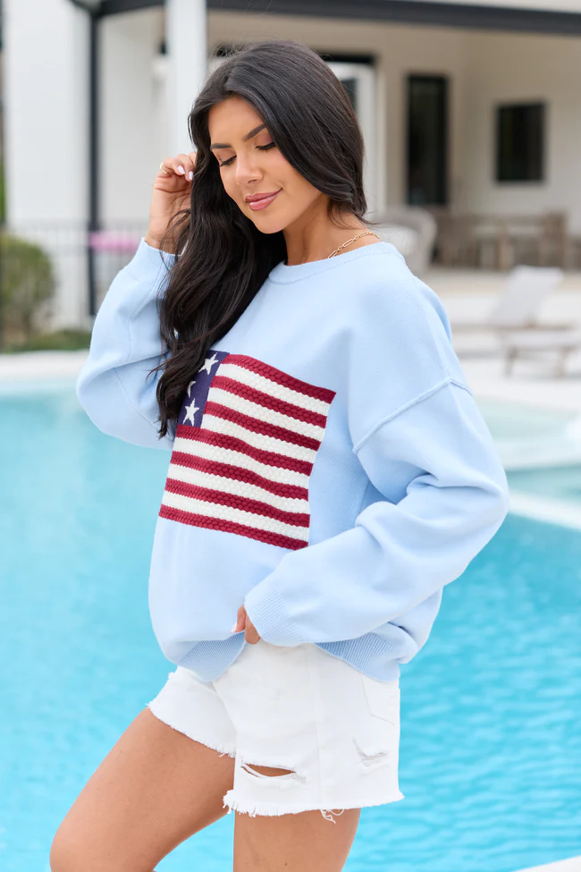 Home Of The Free Light Blue Textured Flag Sweater SALE - Image 6