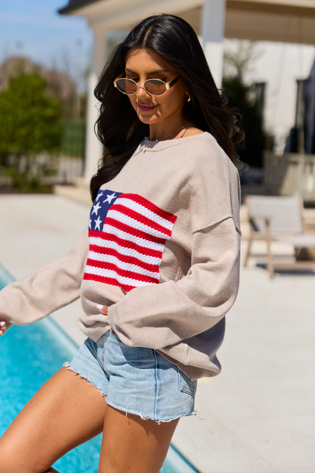Home Of The Free Taupe Textured Flag Sweater SALE - Image 3