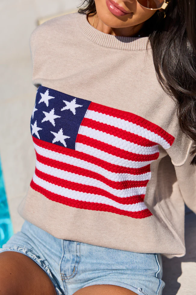 Home Of The Free Taupe Textured Flag Sweater SALE - Image 5