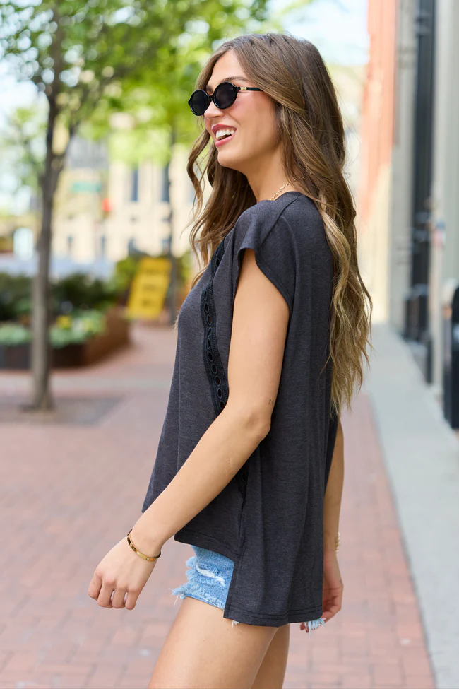 Karly Black Oversized Eyelet Trim V-Neck Tee SALE - Image 4