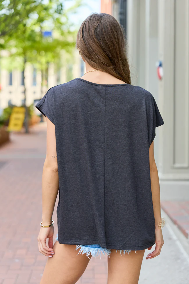 Karly Black Oversized Eyelet Trim V-Neck Tee SALE - Image 5