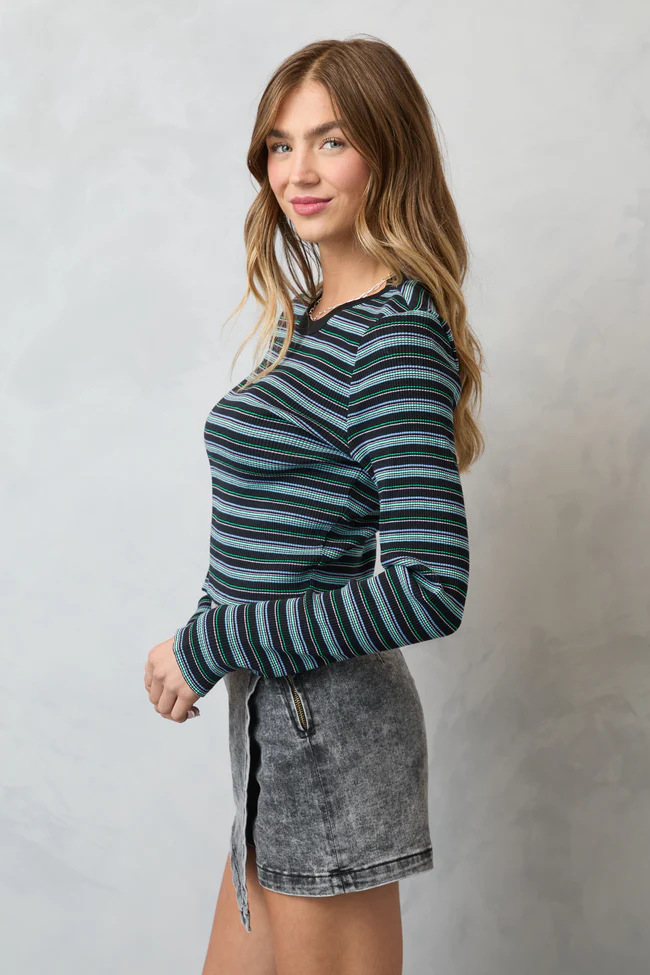 Keiko Black Multi Striped Long Sleeve Crewneck Top FINAL SALE - Image 4