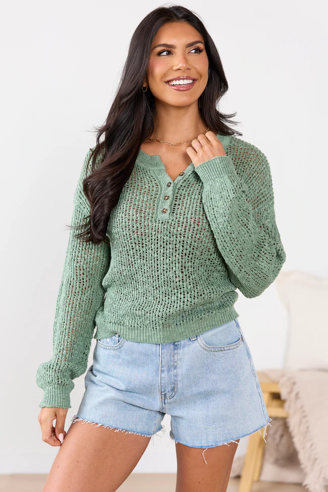 Lotus Long Sleeve Sage Open Knit Henley Sweater FINAL SALE - Image 3