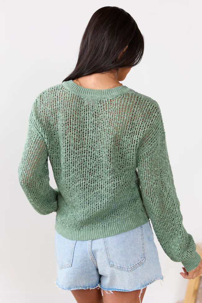 Lotus Long Sleeve Sage Open Knit Henley Sweater FINAL SALE - Image 5