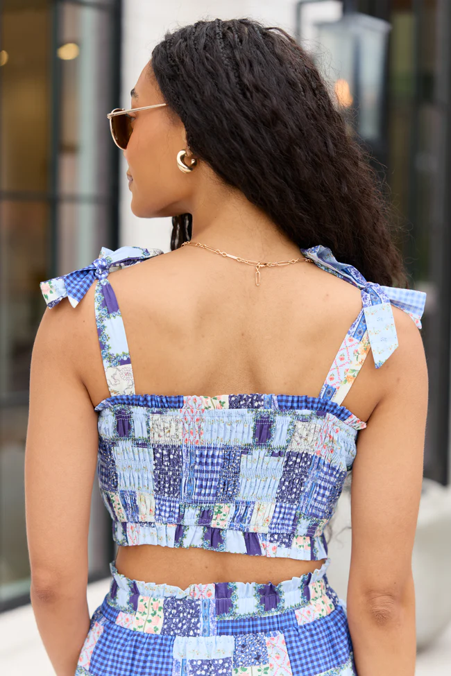 Madi Blue Patchwork Print Smocked Top - Image 5