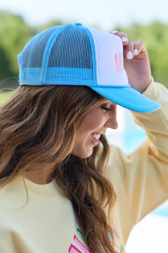 Mahj Block White/Baby Blue Embroidered Trucker Hat - Image 2