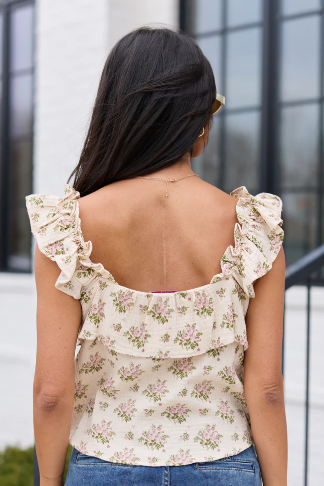 Mary Pink And Green Floral Printed Gauze Woven Tank SALE - Image 5