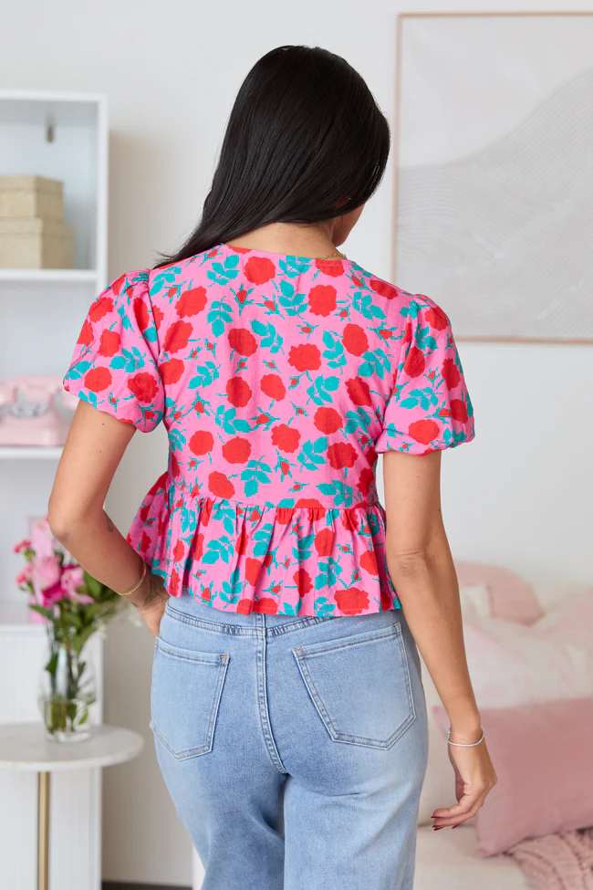 Mila Pink And Red Floral Tie Front Flounce Woven Blouse FINAL SALE - Image 5