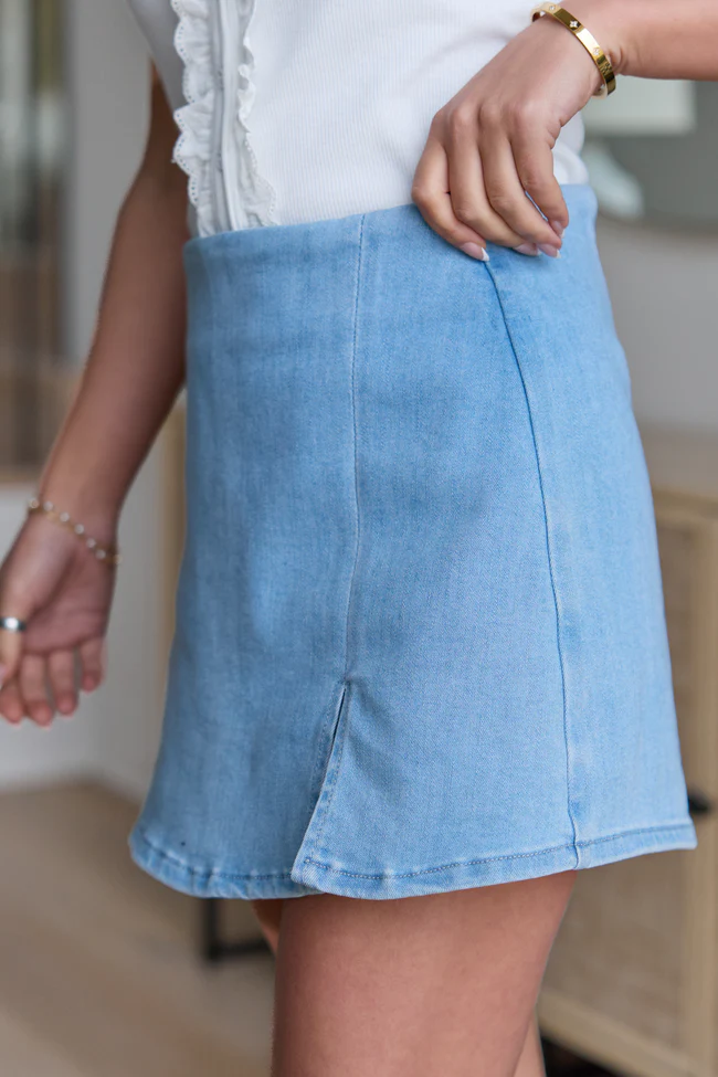 My Favorite Stretchy Light Wash Side Slit Denim Skort - Image 3