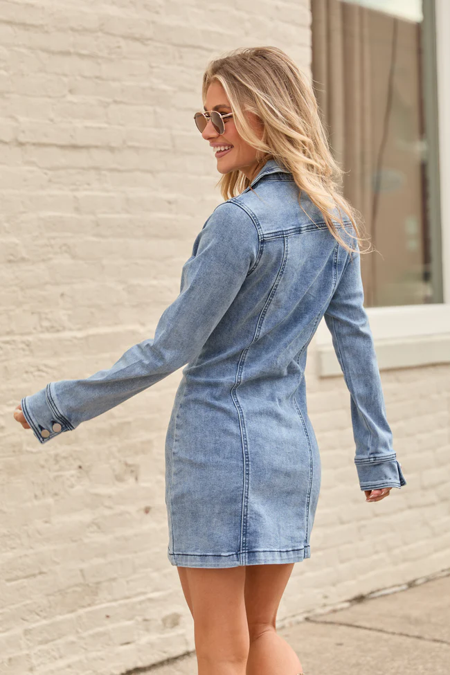 My Favorite Stretchy Long Sleeve Denim Pocket Mini Dress SALE - Image 4