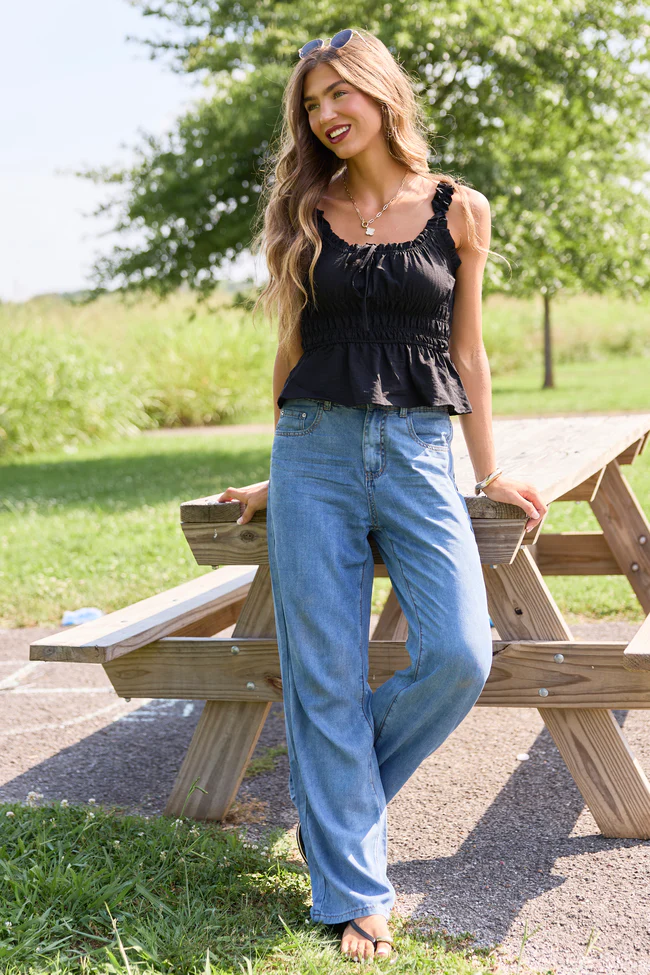 Amber Evening Black Smocked Front Tie Tank - Image 2