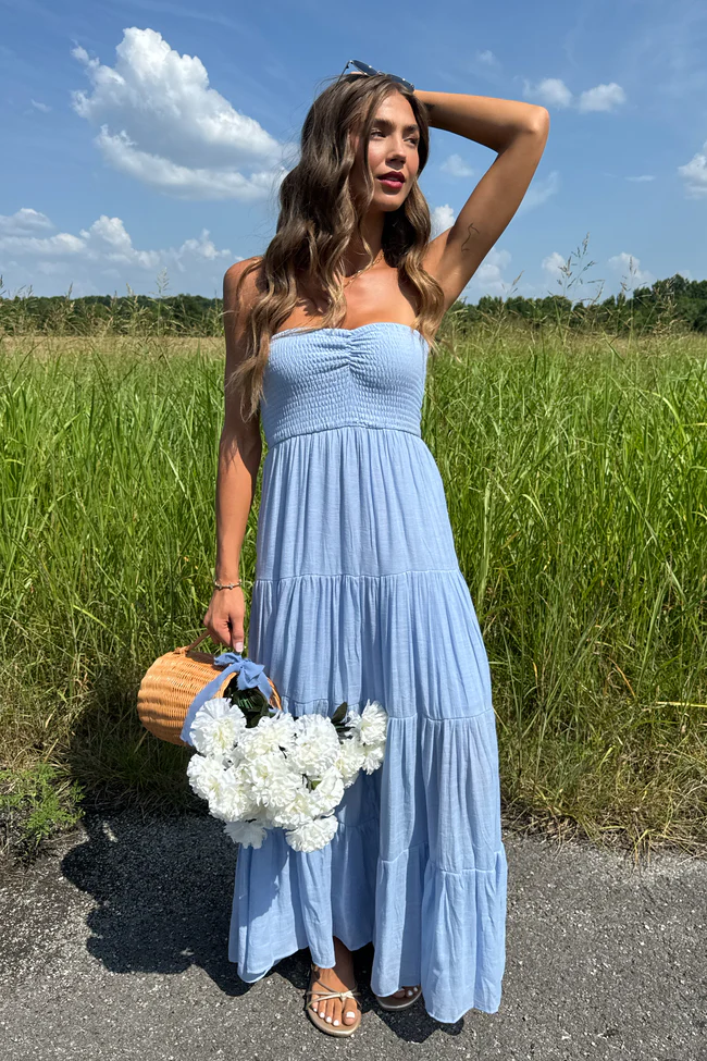 Saltwater Dreams Blue Strapless Tiered Maxi Dress - Image 2