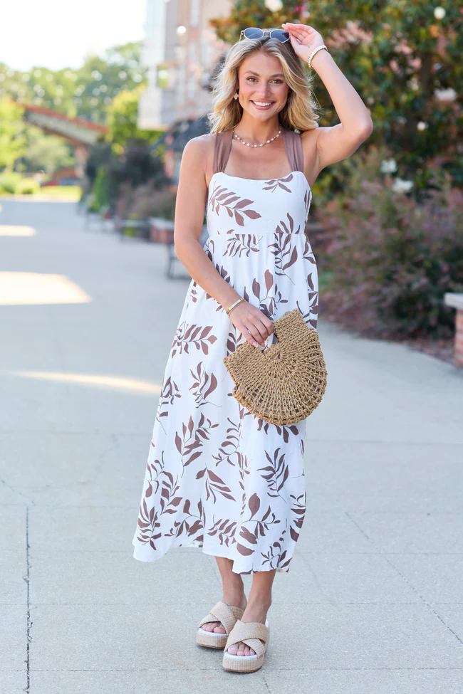 Brown Leaf Print Midi Dress - Image 3