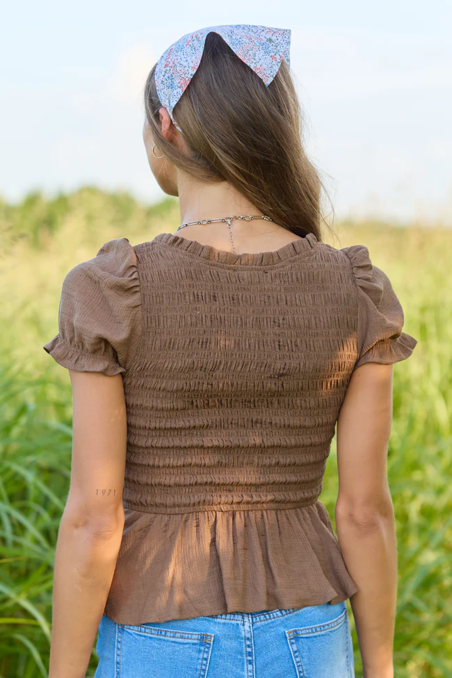Wild Honey Brown Smocked Puff Sleeve Top - Image 6