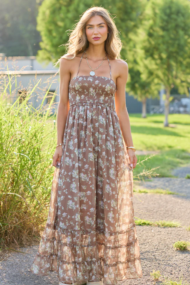 Petals & Sunshine Brown Floral Maxi Dress - Image 5