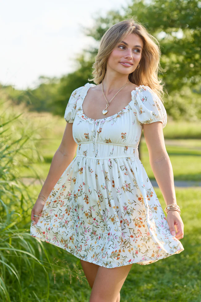 Sunlit Garden Ivory Multi Floral Puff Sleeve Mini Dress - Image 3