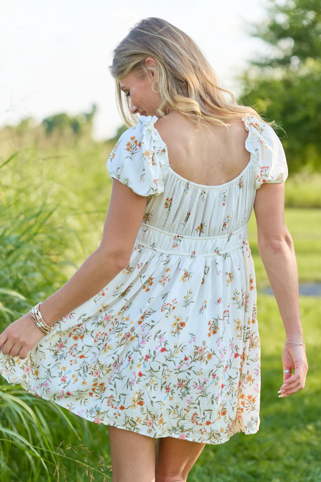 Sunlit Garden Ivory Multi Floral Puff Sleeve Mini Dress - Image 4