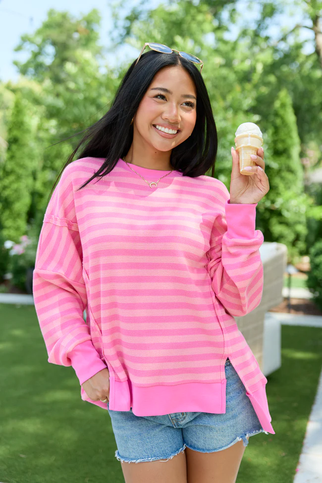 Kara Pink Stripe Waffle Pullover