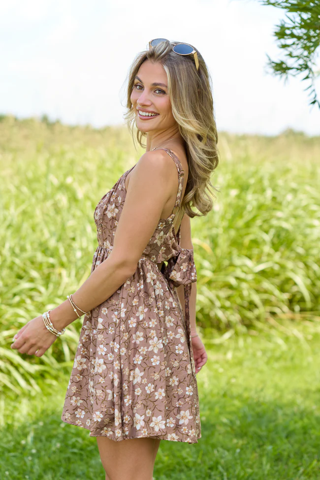 Golden Glow Mocha Floral Mini Dress - Image 3