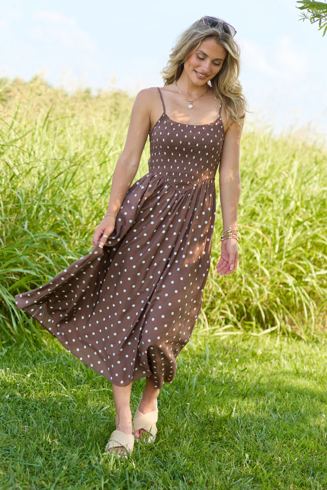 Warm Embrace Brown Polka Dot Smocked Midi Dress - Image 3