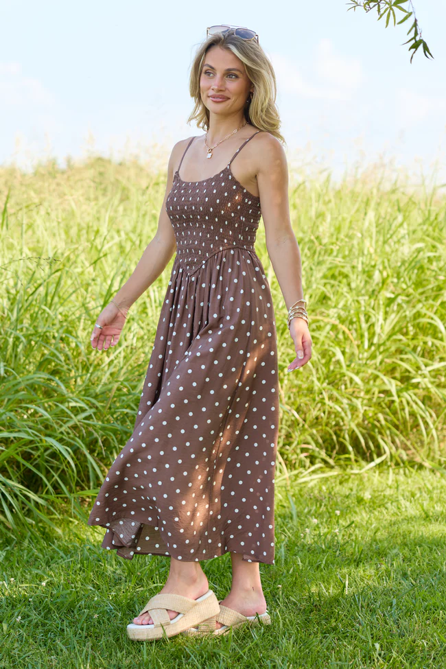 Warm Embrace Brown Polka Dot Smocked Midi Dress - Image 4