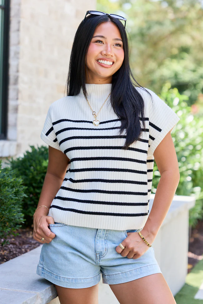 Made to Shine White And Black Striped Mock Neck Short Sleeve Sweater - Image 3