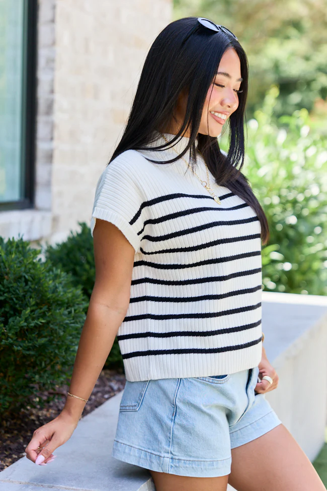Made to Shine White And Black Striped Mock Neck Short Sleeve Sweater - Image 4