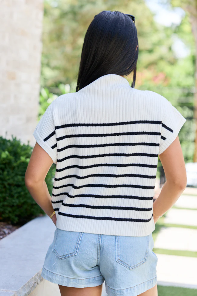 Made to Shine White And Black Striped Mock Neck Short Sleeve Sweater - Image 5